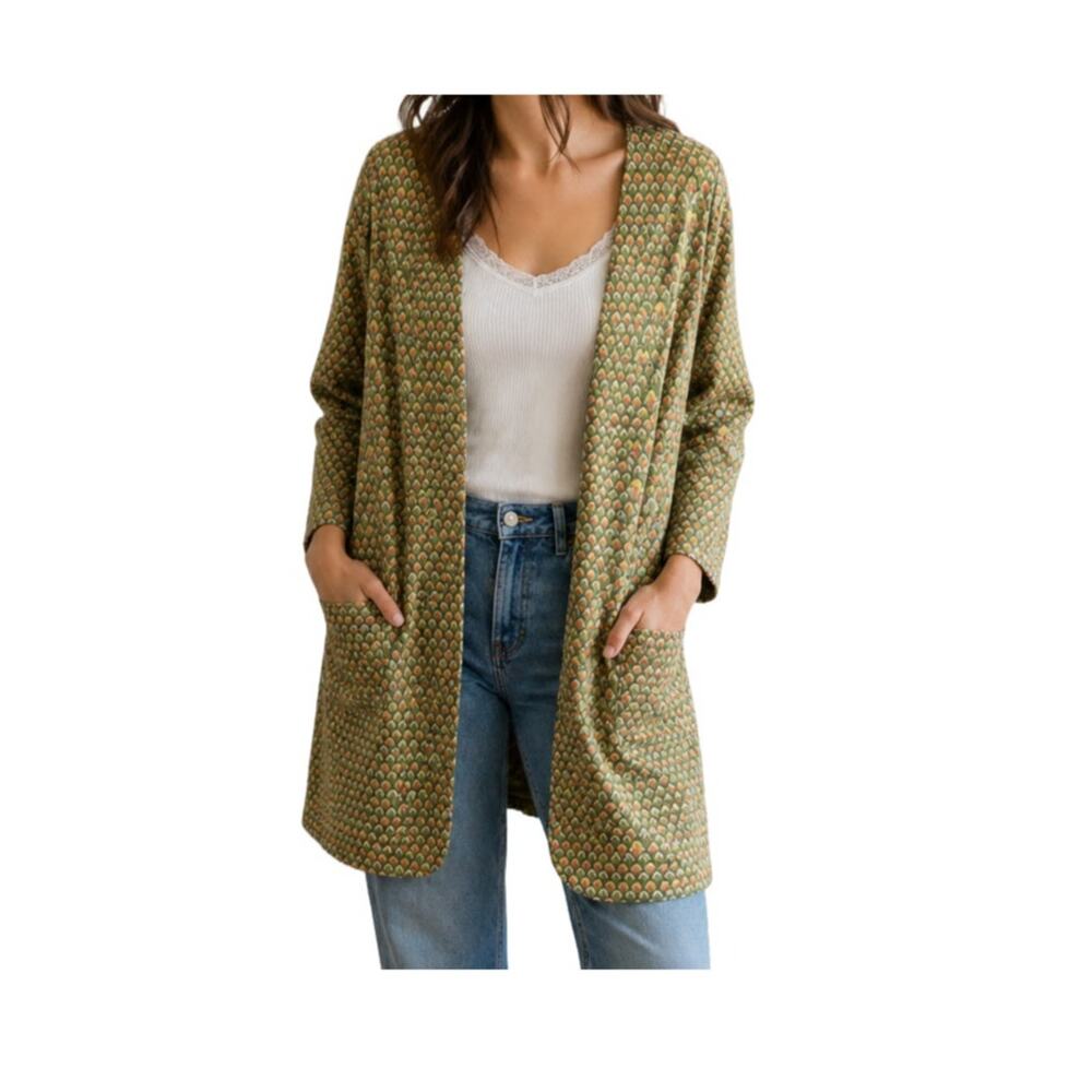 Vintage Open Front Geometric Print Blazer Overcoat Green Maximalist Minimalism